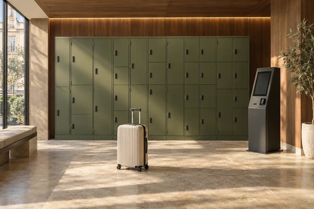 Concept interior with olive lockers, walnut walls and warm lighting