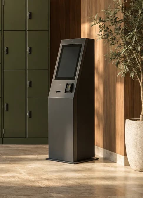 Concept of a self-service touchscreen in a walnut interior
